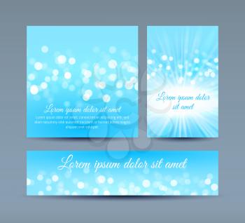 Vector illustration of invitation cards in blue colors with bokeh lights