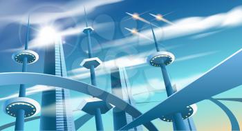 Future city landscape. Modern transport bridges and amazing constructions in futuristic town vector illustration concept, highways and buildings urban panorama background