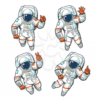 Floating cosmonaut. Astronauts person vector illustration, universe cosmonauts without gravity isolated on white background, space man in suit and helmet makes hand signs