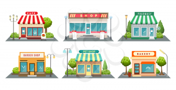 Shops fronts on street. Shopping retail facades, bistroshop and barber boutique, bakery and pet store with sidewalk cartoon vector illustration, neighborhood store exteriors