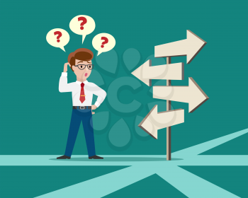 Crossroad direction choice. Confused person crossroads standing, business solution concept, character choice vector illustration