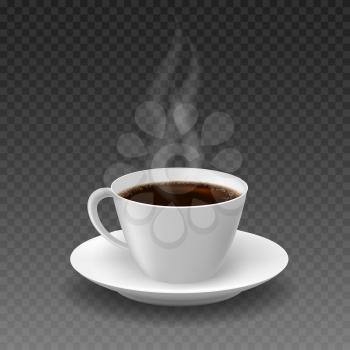Realistic morning coffee cup. White decorative mug with hot brown tea or black americano steaming beverages for cartoon poster isolated on transparent background