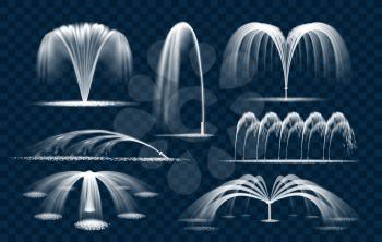 Water fountain splashes. Fountains drop water isolated collection, elegant wet jets for public park decoration elements vector illustration