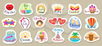 Reminder stickers designs. Icons and text decor sticker elements for scrapbooking, cartoon doodle picture symbols for papers planners, scrapbook calendar typography memo collection