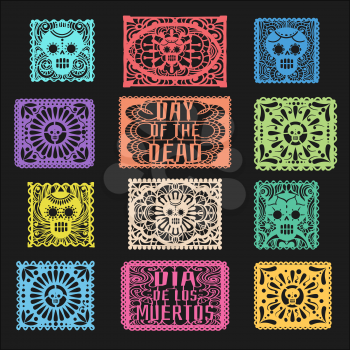 Paper flags of day of dead. Mexican decoration traditional banners with craft ornaments of flowers and skulls, vector illustration collection flags of celebration dia de los muertos