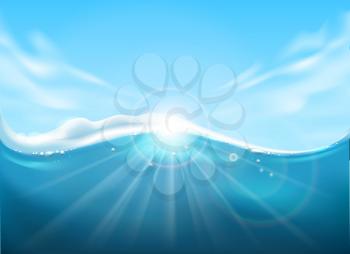 Blue sea water and sky surface. Underwater background with sunbeam light, clouds and marine water view, deep blues seascape backdrop, vector illustration