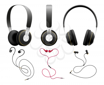 Isolated black earbuds. Headphones objects on white, professional gaming headset and wireless earphones accessories for entertainment, mobile and radio vector illustration