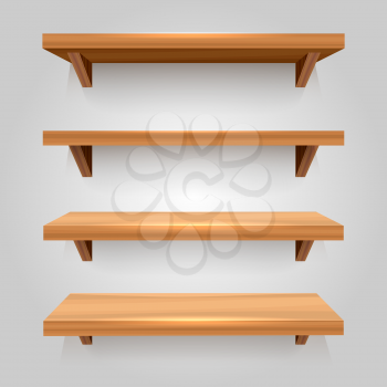 Wooden bookshelf isolated. Empty wood planks shelves furniture for display merchandising and selling books, 3d shelfs vector illustration for store or home interior
