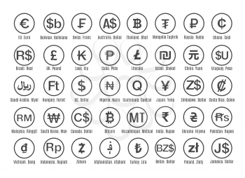Country and crypto currencies. Cryptos scurrency symbol set, usd yuan eur euro shekel gbp pounds russian ruble currency icons and bitcoin ethereum cryptomining vector signs
