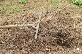 Rake in a pile of organic waste. Garbage collection in the garden. Raking rake dry grass.