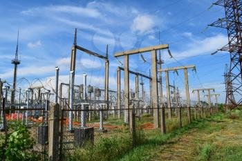 Electric substation. power transmission equipment. Stobo, wires and insulators