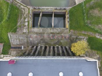 Water pumping station of irrigation system of rice fields. View from above.