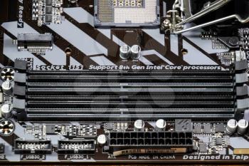 Krasnodar, Russia - September 07, 2018: Motherboard Gigabit for the processor Intel. Memory Slots