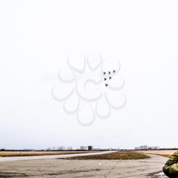 Krasnodar, Russia - February 23, 2017: Air show in the sky above the Krasnodar airport flight school. Airshow in honor of Defender of the Fatherland. MiG-29 in the sky.