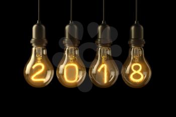 Christmas lamp light bulbs Illuminated new year 2018 on black background. 3D illustration