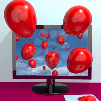 Red Balloons In The Sky And Coming Out Of Screen As Online Greeting Or Message