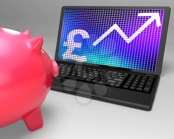 Pound Symbol On Laptop Showing Britain Increases And Growth