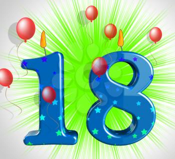 Number Eighteen Party Showing Teen Birthday Or Decoration
