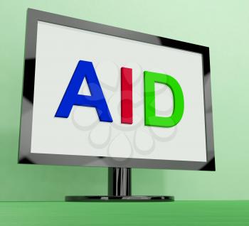 Aid On Monitor Showing Aiding Help Or Relief