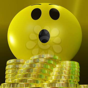Surprised Smiley With Coins Showing Sudden Success And Profits