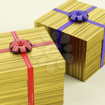 Gold Gift Boxes With Ribbon As Birthday Presents