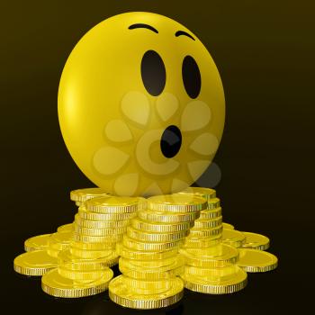 Surprised Smiley With Coins Shows Unexpected Earnings And income