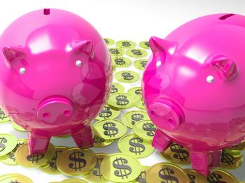 Piggybanks On Coins Shows American Earnings And Finances