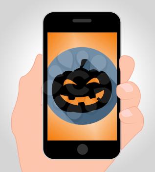 Halloween Pumpkin On Phone Indicates Trick Or Treat Party Online