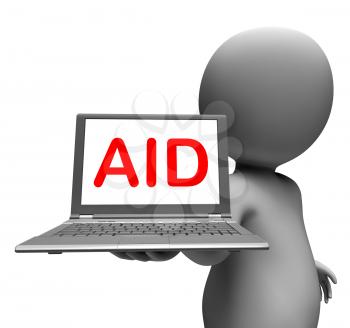 Aid Character Laptop Showing Assistance Aiding Helping Or Relief