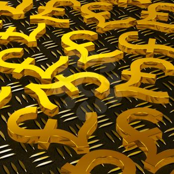 Pound Symbols On Floor Showing British Currency And Economy