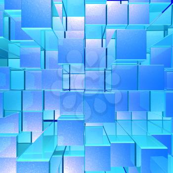 Bright Glowing Blue Opaque Metal Background With Cubes And Squares