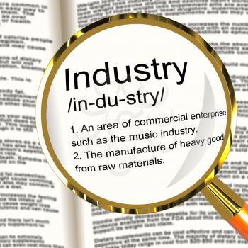 Industry Definition Magnifier Shows Engineering Construction Or Factories