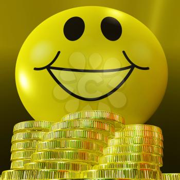 Smiley Face With Coins Showing Monetary Happiness And Success