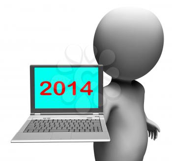 Two Thousand And Fourteen Character And Laptop Showing New Year 2014