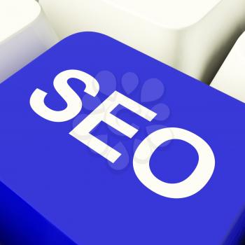 SEO Computer Key In Blue Showing Internet Marketing And Optimisation 