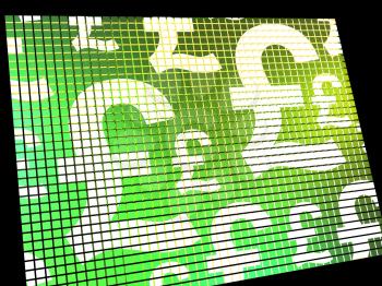 Pound Symbols On Screen Showing Money And Investments