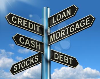Credit Loan Mortgage Signpost Shows Borrowing Finance And Debt