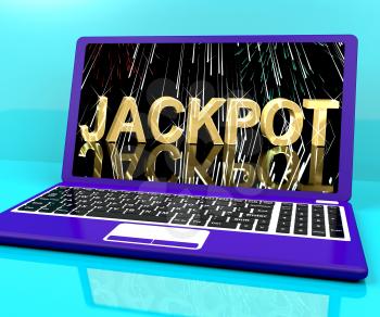 Jackpot Word With Fireworks On Laptop Shows Winning