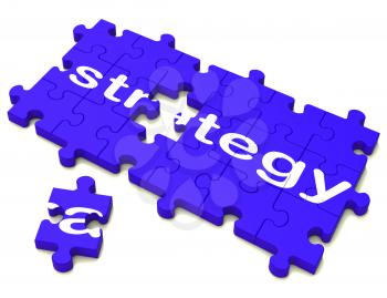 Strategy Puzzle Sign Showing Planning, Tactics And Goals 