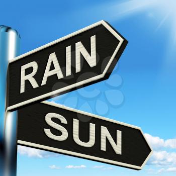 Rain Sun Signpost Showing Rainy Or Good Weather