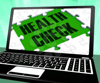 Health Check On Laptop Shows Well Being And Medical Care