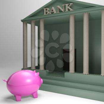 Piggybank Entering Bank Shows Money Loan Or Monetary Help