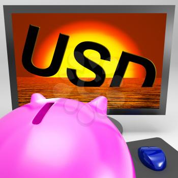 USD Sinking On Monitor Showing American Debts Or Monetary Risk