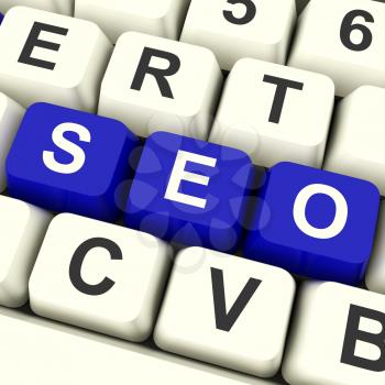 Seo Keys In Blue Representing Internet Optimization And Promotion