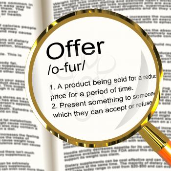 Offer Definition Magnifier Shows Discounts Reductions Or Sales