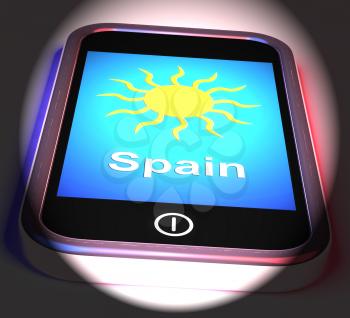 Spain On Phone Displaying Holidays And Sunny Weather