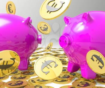 Raining Coins On Piggybanks Showing Profits And Earnings