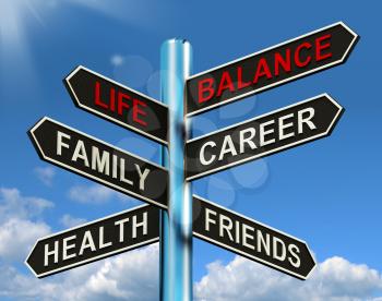 Life Balance Signpost Showing Family Career Health And Friends