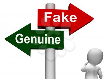 Fake Genuine Signpost Meaning  Authentic or Faked Product