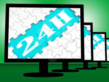 24h On Monitors Showing Twenty Four Hour Service Online